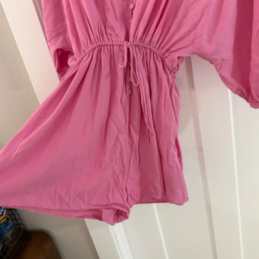 ZARA Pink Linen Blend Slouchy Romper Puff Sleeve Button Front Playsuit M Barbie